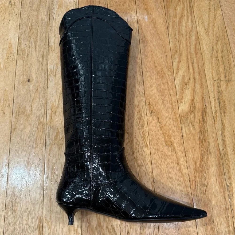 Anine Bing Black Croc-Embossed Knee-High Boots size 38